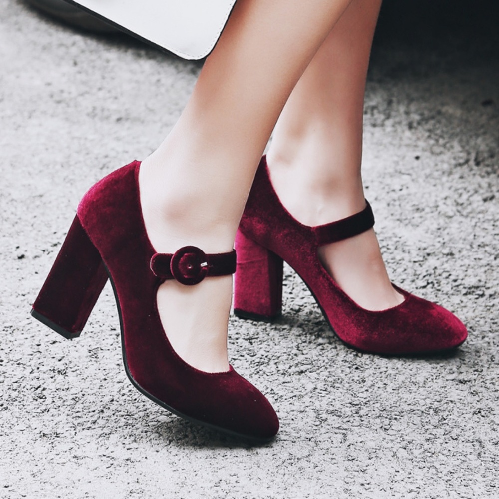 Report Wine Velvet Mary Jane Square Heels